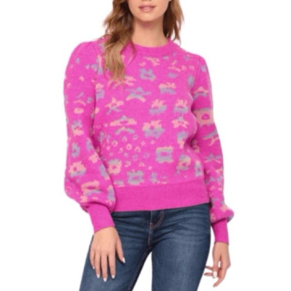 Fate Anthropologie Pink Leopard Print Puff Sleeve Wool Blend Sweater Size Large